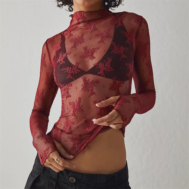 Women Mesh Sheer Y2k Tops Long Sleeve See Through Layering Shirt Top Lace Floral Embroidery Going Out Tops Blouse - Image 5