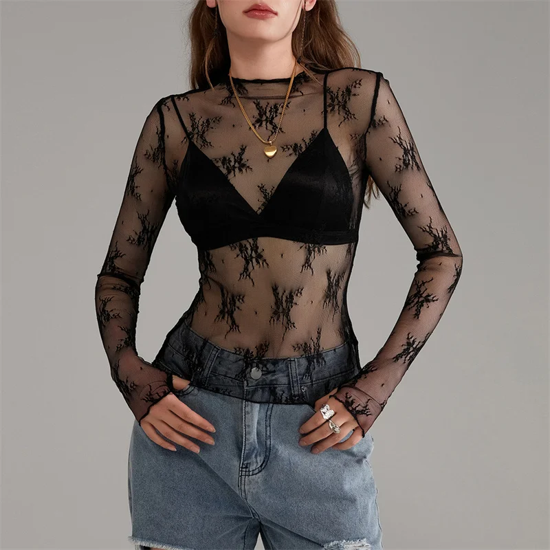 Women Mesh Sheer Y2k Tops Long Sleeve See Through Layering Shirt Top Lace Floral Embroidery Going Out Tops Blouse - Image 4