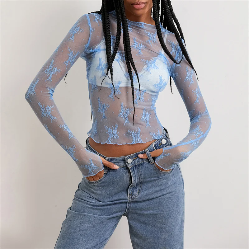 Women Mesh Sheer Y2k Tops Long Sleeve See Through Layering Shirt Top Lace Floral Embroidery Going Out Tops Blouse - Image 2