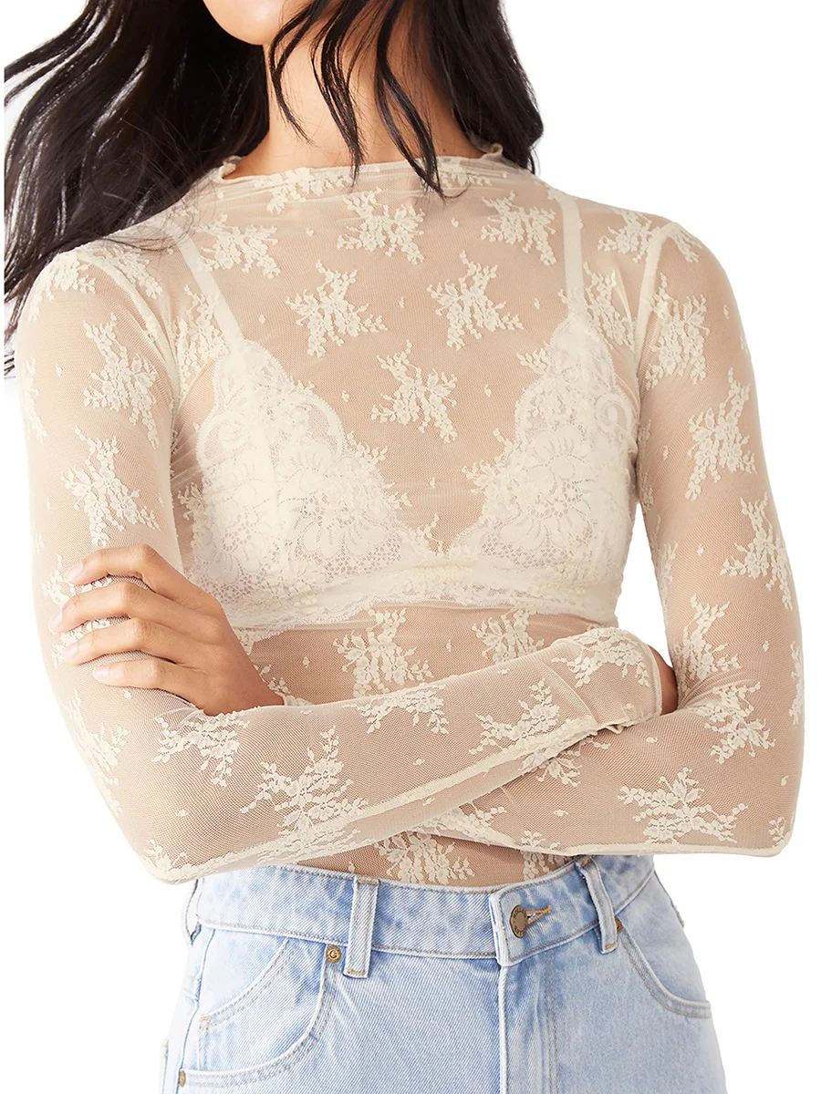 Women Mesh Sheer Y2k Tops Long Sleeve See Through Layering Shirt Top Lace Floral Embroidery Going Out Tops Blouse - Image 6