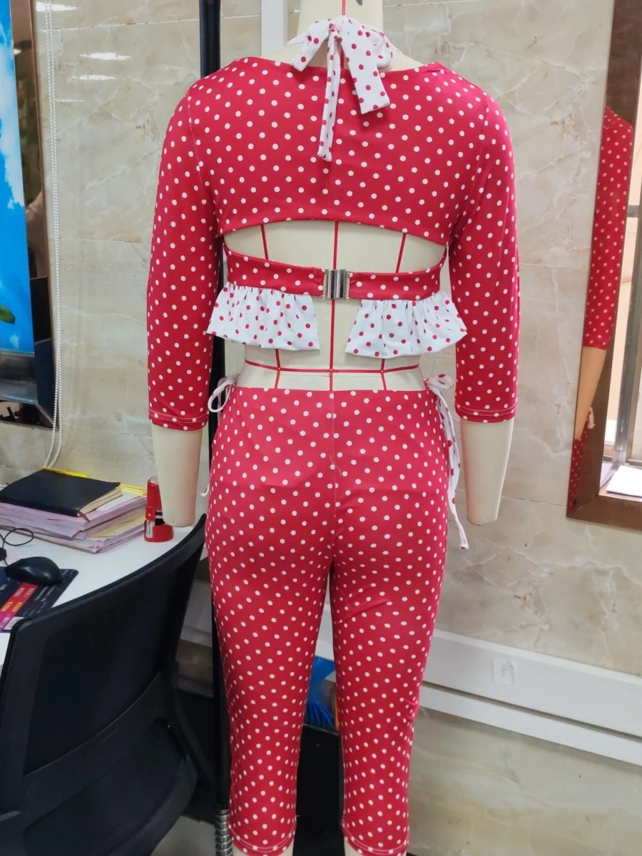 Women Sexy 3 Piece Outfits Sexy Club Party Halter Red Polka Dot Ruffle Bra Top+Long Sleeve Bolero+Capri Pants Set - Image 2