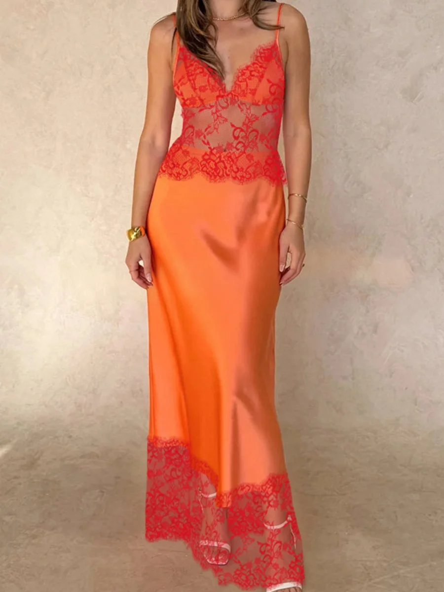 Sexy Lace Spaghetti Strap Dress For Women See Throught Elegant Sleeveless Maxi Dress Vacation Party Clothes Lady Fashion - Image 3