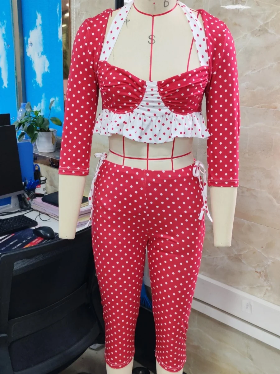 Women Sexy 3 Piece Outfits Sexy Club Party Halter Red Polka Dot Ruffle Bra Top+Long Sleeve Bolero+Capri Pants Set