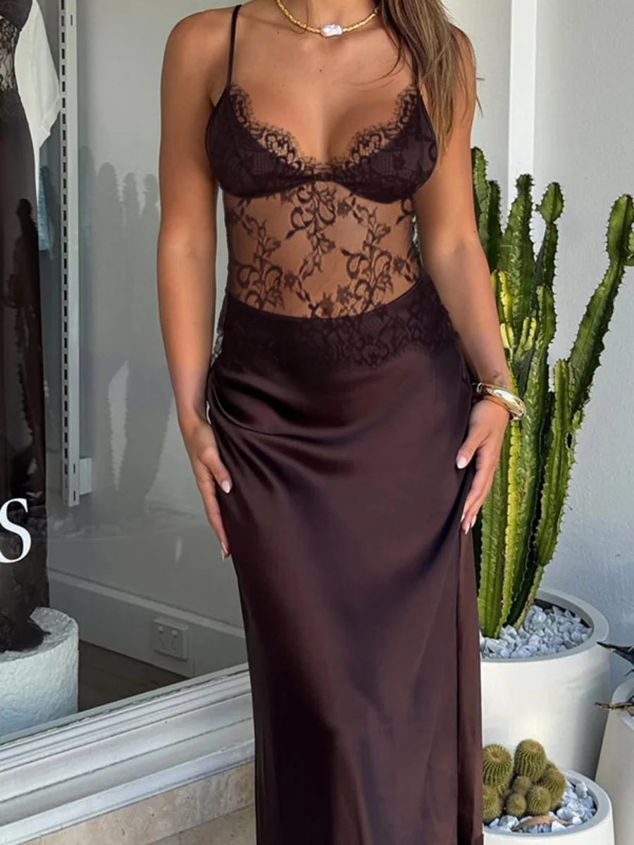 Sexy Lace Spaghetti Strap Dress For Women See Throught Elegant Sleeveless Maxi Dress Vacation Party Clothes Lady Fashion