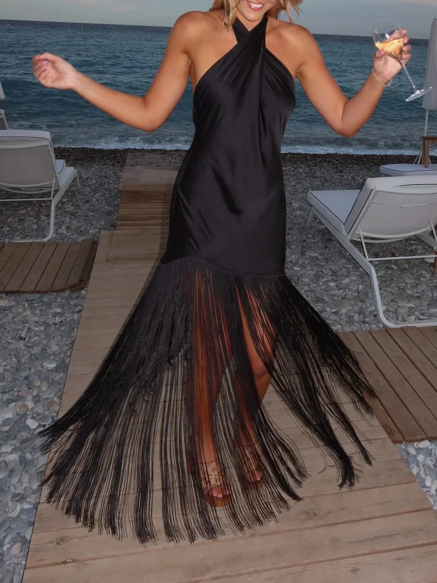 Women's Sleeveless Tassel Decoration Halter Bodycon Fall Elegant Party Dress
